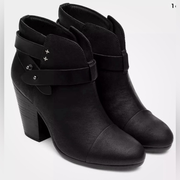 RAG & BONE Harrow Black Leather Stacked Heel Strap Ankle Bootie Boots Size 5.5 - Picture 1 of 8
